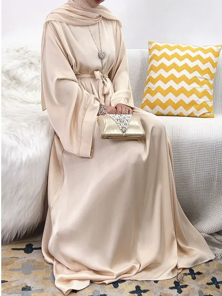 

Plain Abaya Long Dress For Women Satin Elegant Belted Muslim Hijab Robe African Dresses Islam Dubai Turkish Modest Abayas