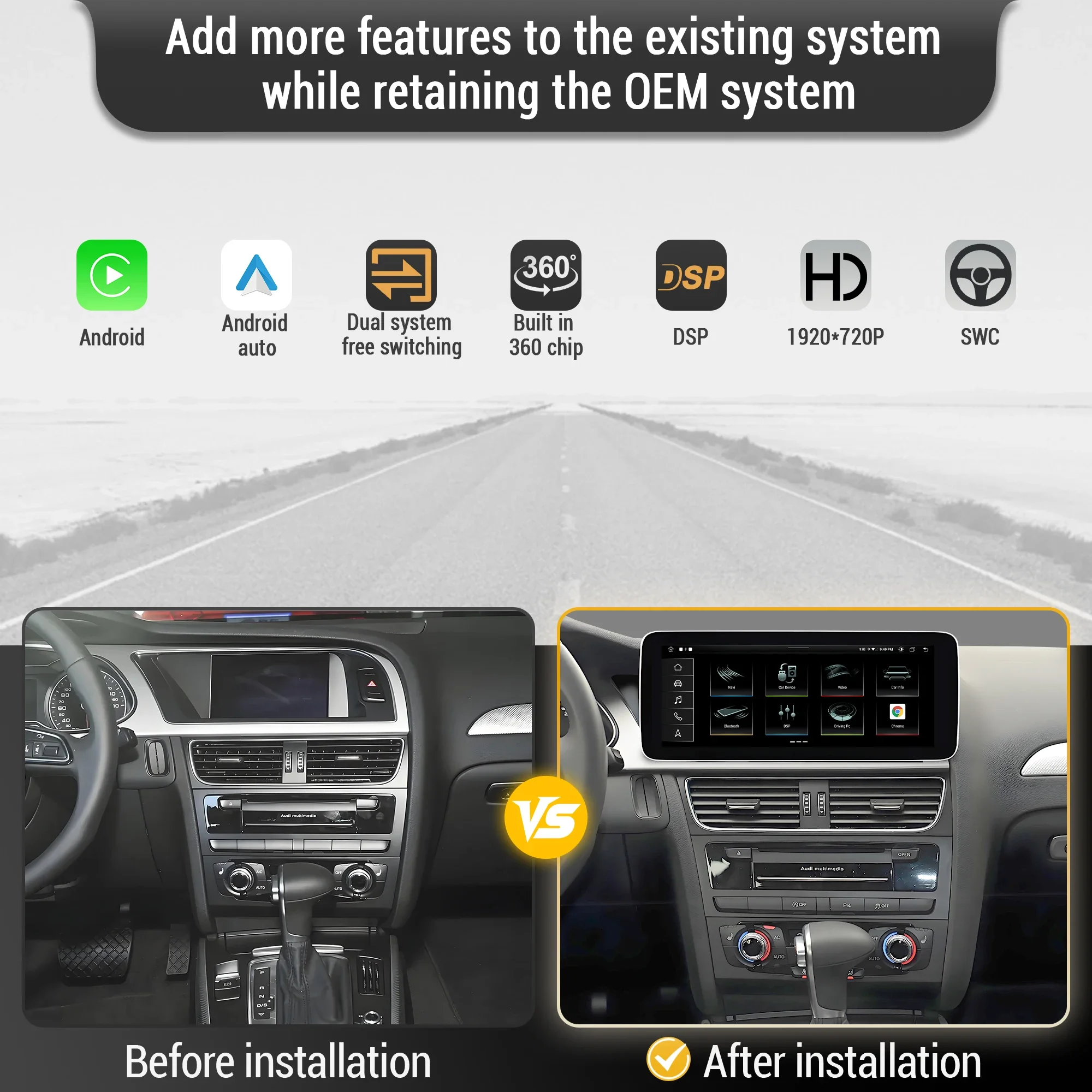 12.3 inch For Audi A4 A5 B8 2009-2016 Left Hand Drive Android 14 Car Radio BT Carplay Qualcomm Snapdragon 680 Head Unit Screen