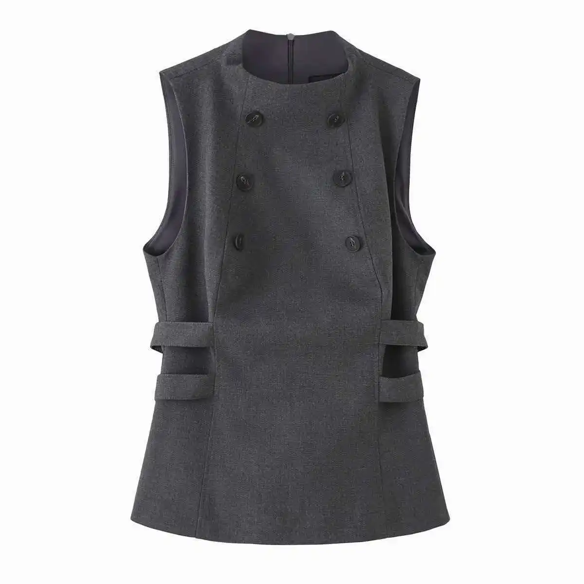 

Women New Top Fashion Sleeveless Vest O-Neck Waist-Cinching Hem Double-Breasted Top Women Sexy Elegant Vest