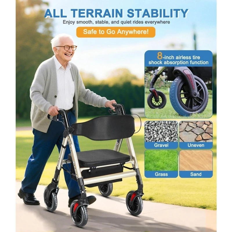 

Rollator Walker with Seat,450Lb Rolling Walker, Extra-Wide Heavy-Duty Rollator Walker with Seat and Brakes for Seniors and Adult