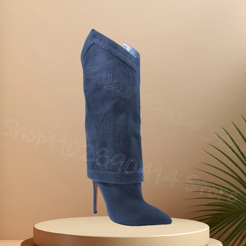 

Blue Denim Turned Over Pointed Toe Boots Slip On Women Shoes Thin High Heels Novel Party Banquet Dating 2026 Zapatos Para Mujere