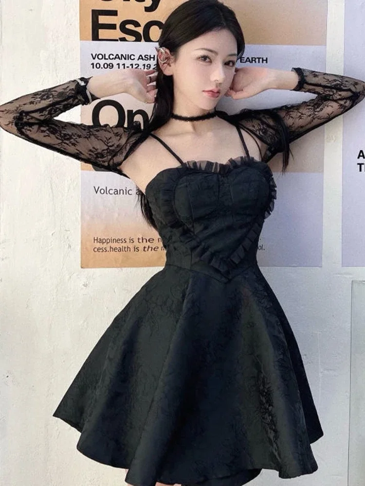 

Y2k Clothes Korean 2 Piece Set for Women Lace Crop Tops Slim Waist Sling A-line Dresses Suit Roupas Fashion Sexy Outfits