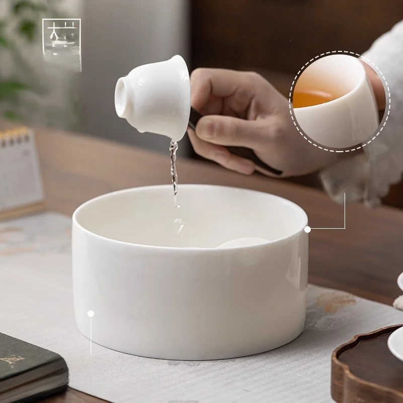 

Large Size Ceramic White Porcelain Tea Washing Pen Bowl Chinese Style Gongfu Tea Set Basin Tea Residue Jar Handmade Craft
