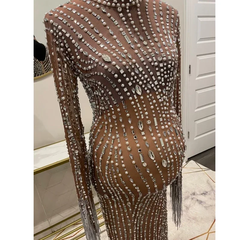 Rhinestone Embellished Maternity Dress For Pregnancy Photoshoot Pregnant Photography Outfit Sexy Stretchy Skinny Women Mesh Gown