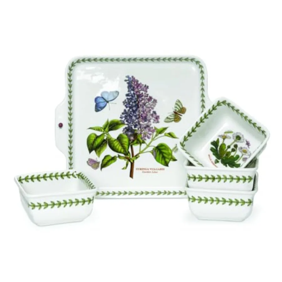 

Ботанический сад, 5 предметов, акцентные миски, разные цветочные мотивы, тарелка с ручкой 8 дюймов и квадратные миски 3,75 дюйма, прочная фарфоровая сервировочная миска