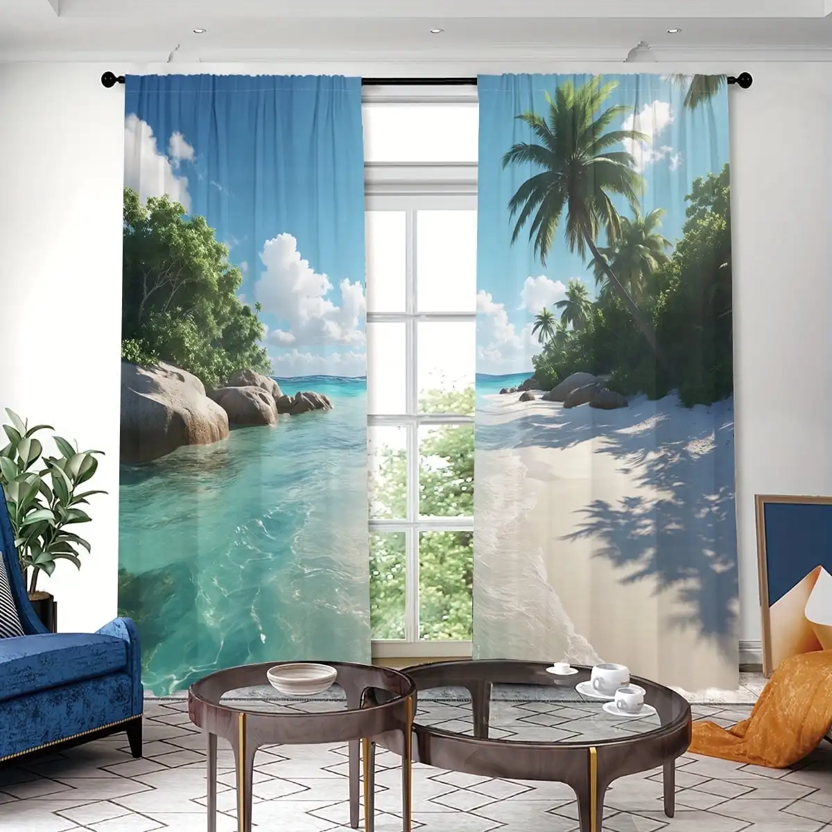 2pcs Curtains Peach Skin Polyester Vacation Style Ocean Beach Scenery Light Filtering Window Bedroom Living Room Home Decor