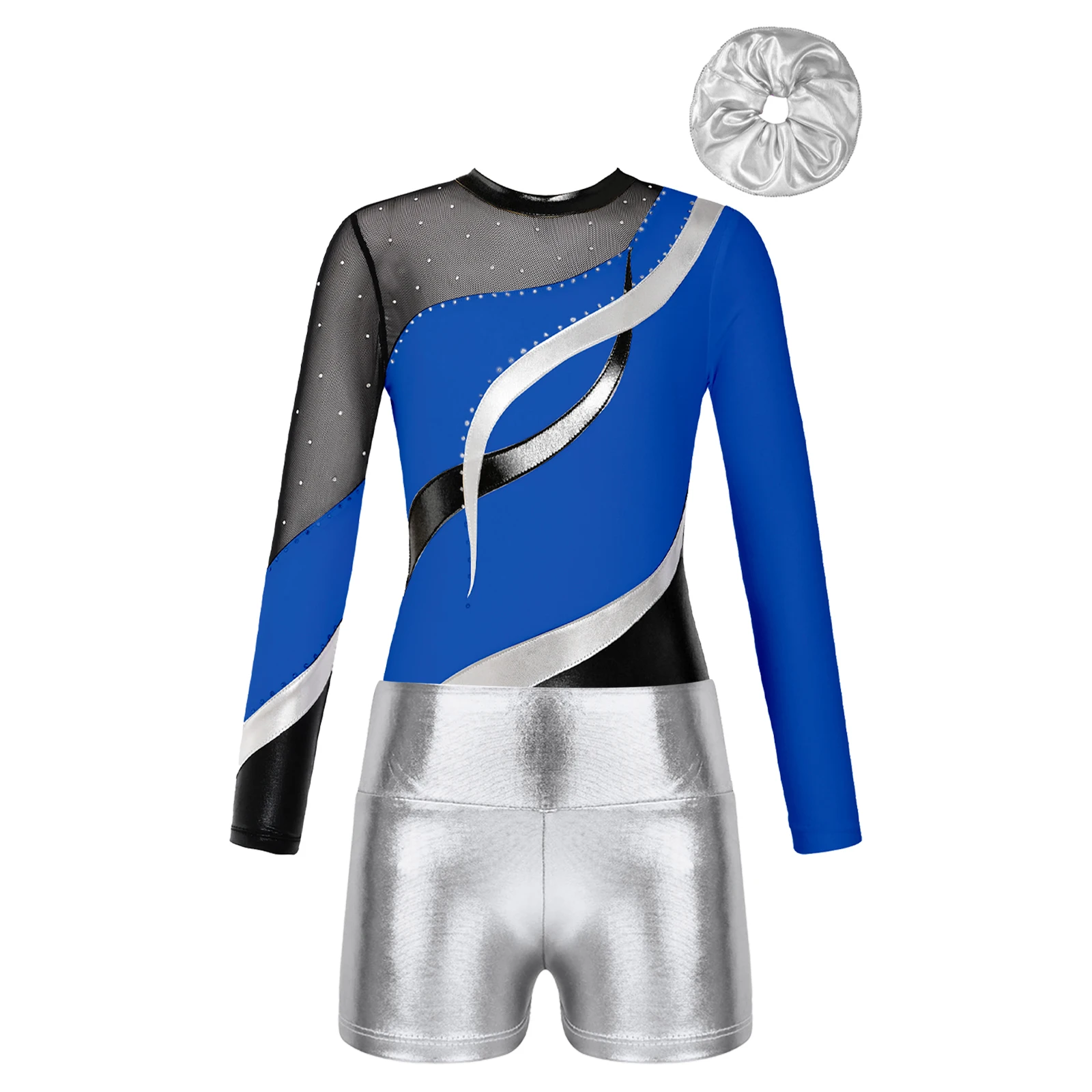 Kids Girls Ballet Dance Set Long Sleeve Gymnastics Leotard with Metallic Shorts Acrobatics Jumpsuits Figure Skating Dancewear