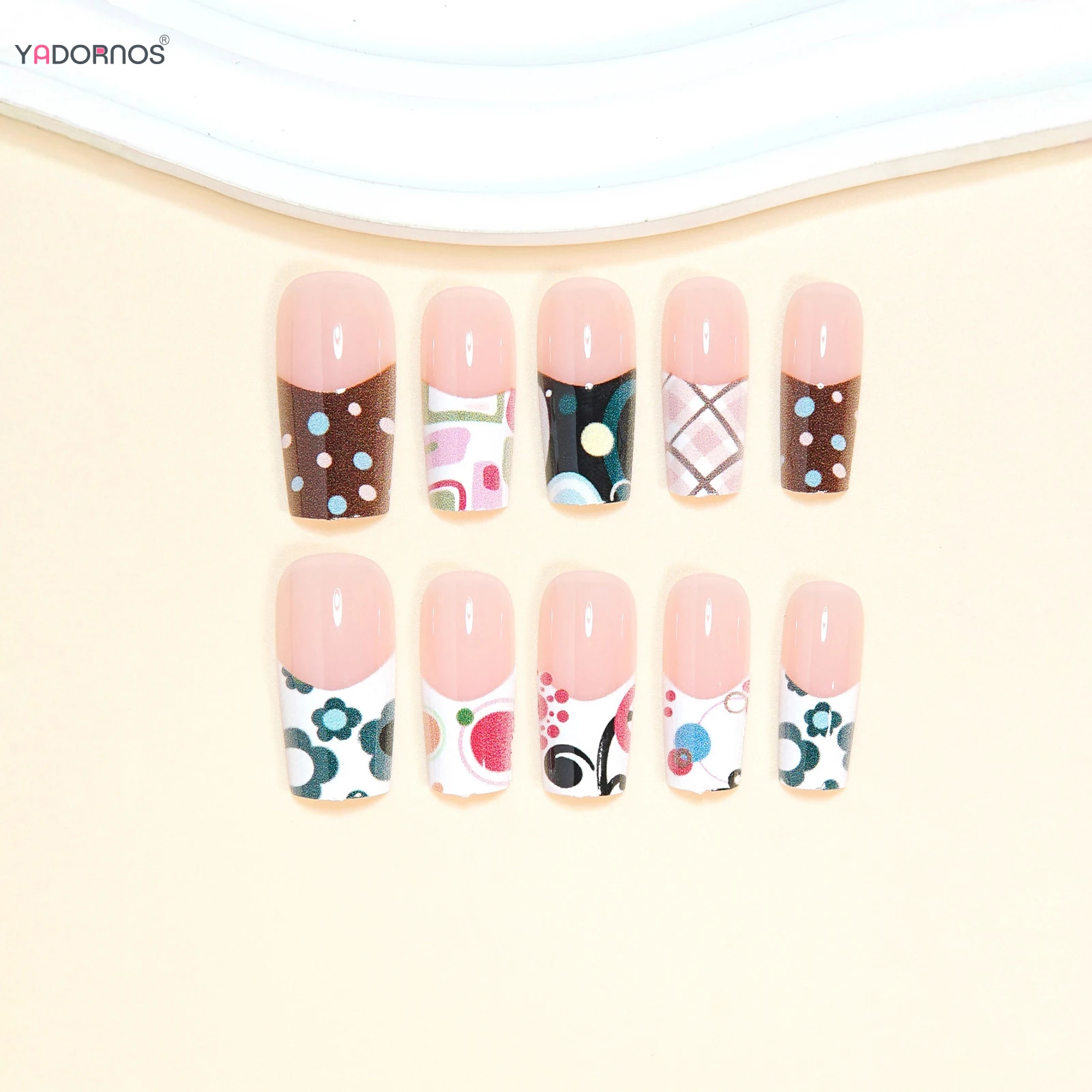 24pcs French Nail Tips False Nails for Party Wear Pink Polka Dot Coffin Shape Artificial Nails for Women Manicure Arts