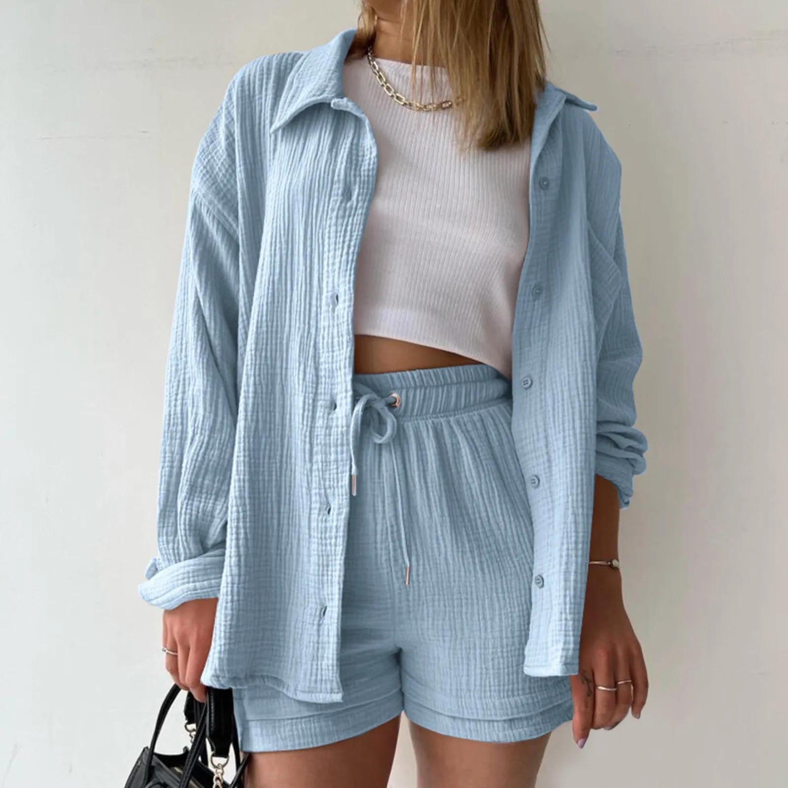 

Summer Women's Two Piece Casual Long Sleeve Pockets High-waisted Drawstring Wide Leg Short Pants Solid Wrinkled Fabric Lapel Set