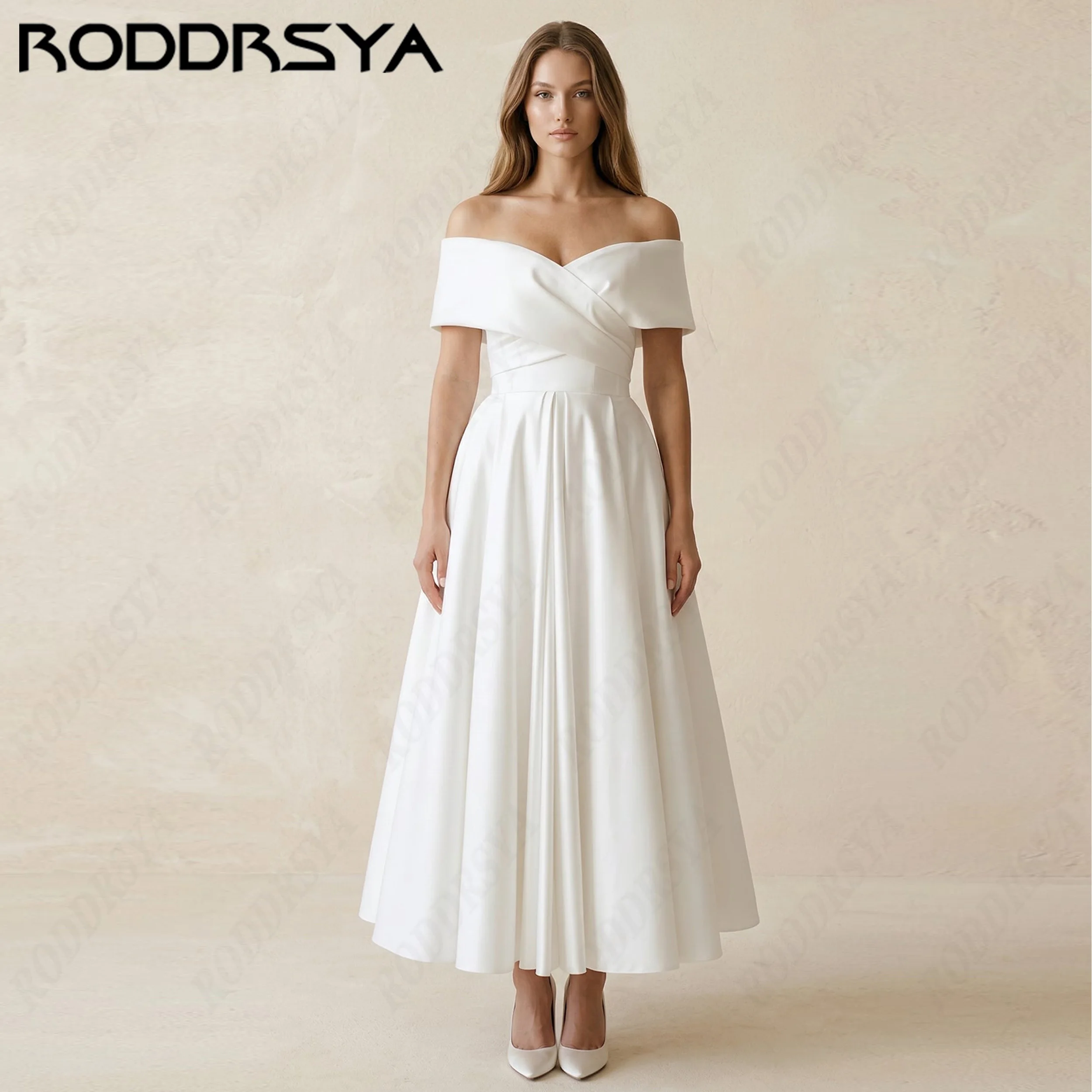 RODDRSYA Customiezd A-Line Satin Wedding Dresses Simple Off The Shoulder Bride Gown Boat Neck Ankle Length Bridal Dress