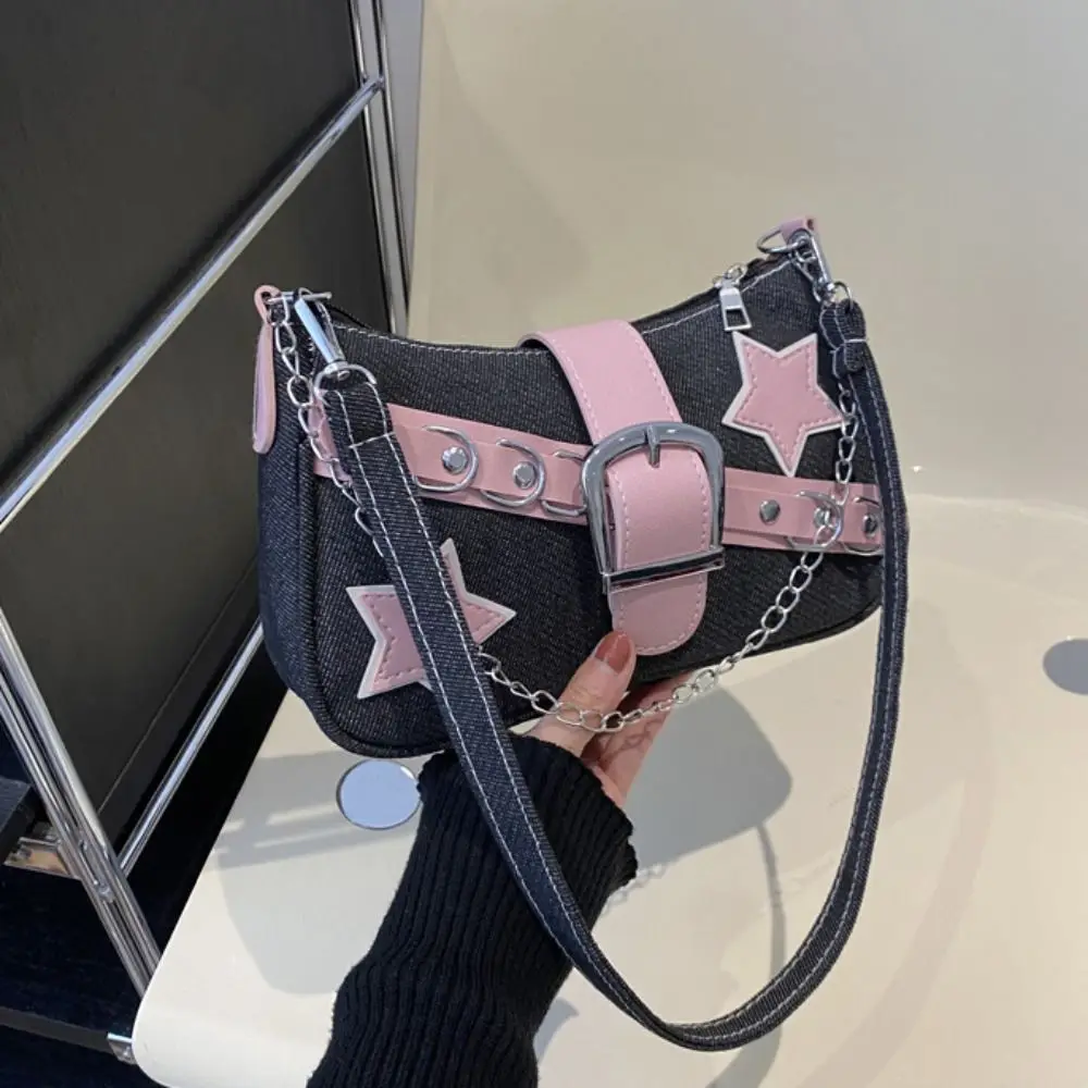 Vintage Handbag Y2k Underarm Bag Star Pattern Chain Korean Style Shoulder Bag Tote Bag Denim Tote Bag Outdoor