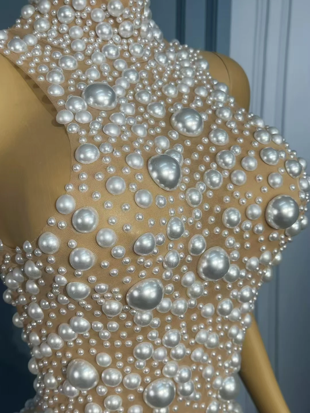 Dazhu Błyszcząca Sukienka Wieczorowa z Czystych Białych Pereł, Elegancka Suknia Balowa, Seksowna Sukienka z Siateczki, Dopasowana Sukienka na Imprezę, Sukienka na Czerwony Dywan, Modne Stroje Pokazowe