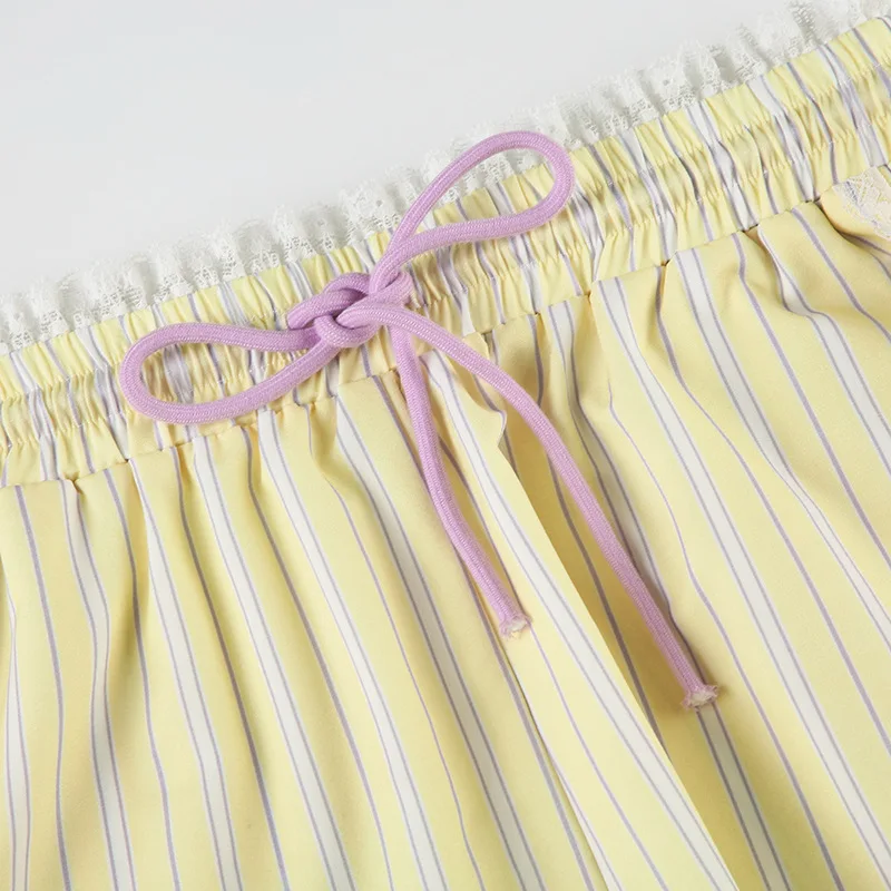 Zeyla Cottagecore Shorts feminino 2024 verão listra francesa tecido gravata detalhe solto ajuste homewear roupa casual