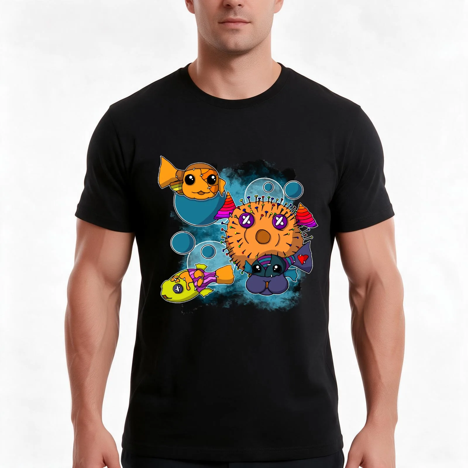 Patchy Puffer Fish T-Shirt, Summer Casual Cotton Tee, Oversized Streetwear Tops, Vintage Graphic Print, Loose Fit Short Sleeve