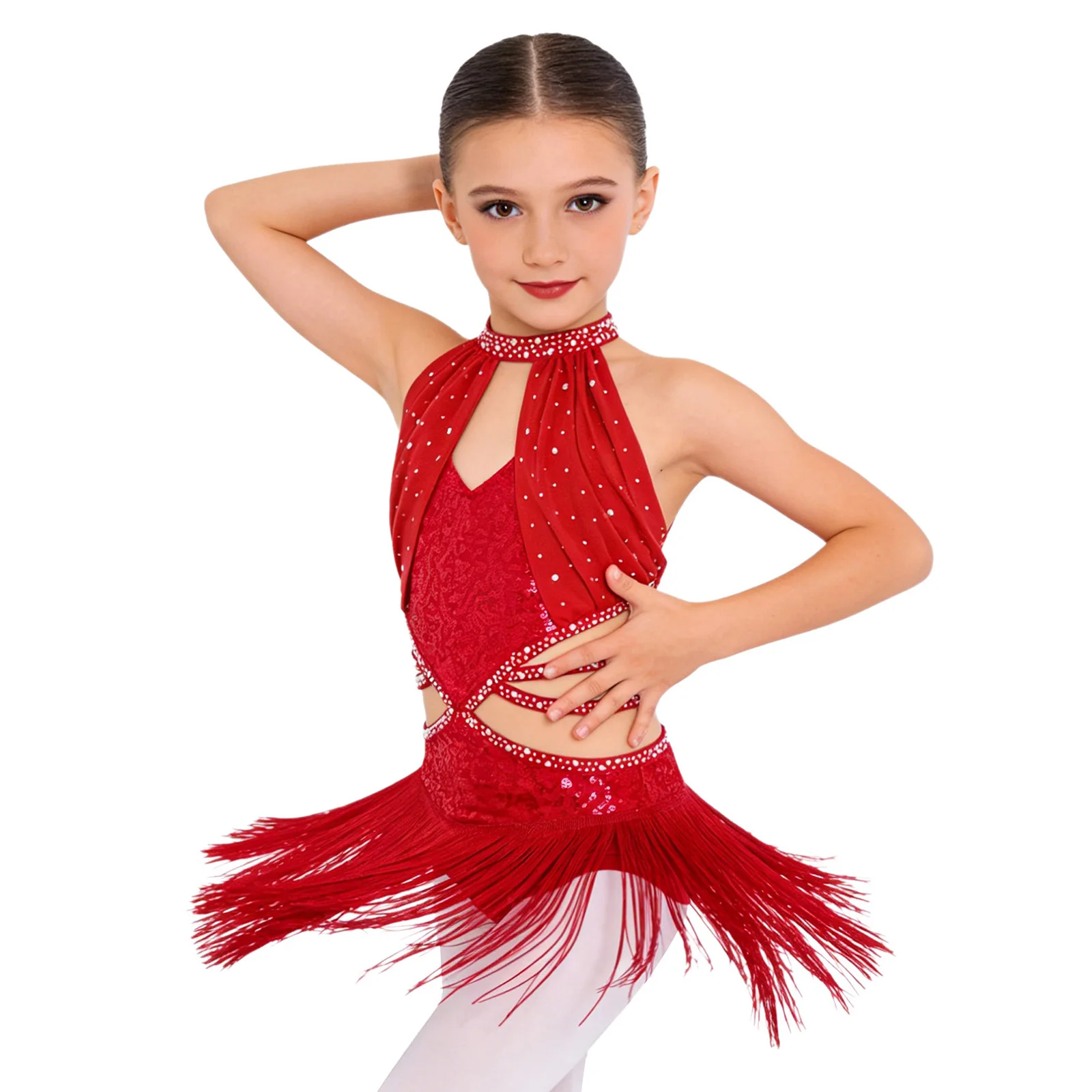 Kids Girls Glittery Sequin Latin Dance Dress Ballroom Tango Cha-cha Samba Costume Rhinestone Ruched Mesh Cutout Tassel Leotards