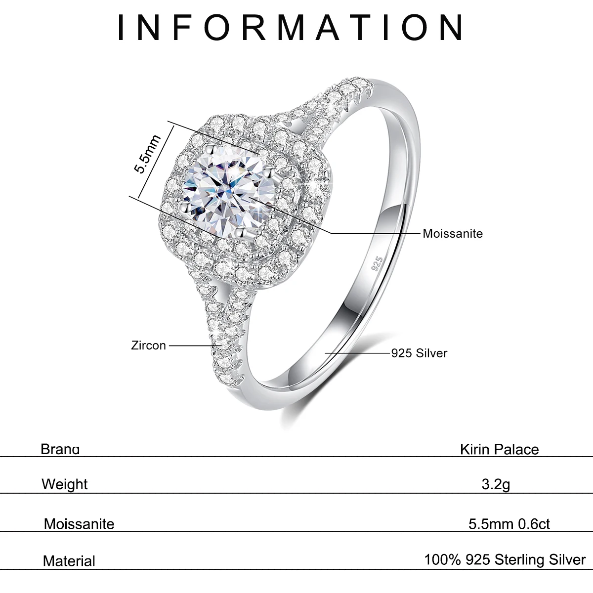 Kirin Palace 0.6ct D Color Moissanite Halo Engagement Wedding Ring With GRA Cer 925 Sterling Silver Rings For Women Jewelry