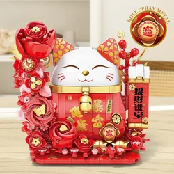 Funny Lucky Cat Building Blocks New Year's Festival Decorative Bricks Model With Lights Educational DIY Toys Gifts for kids