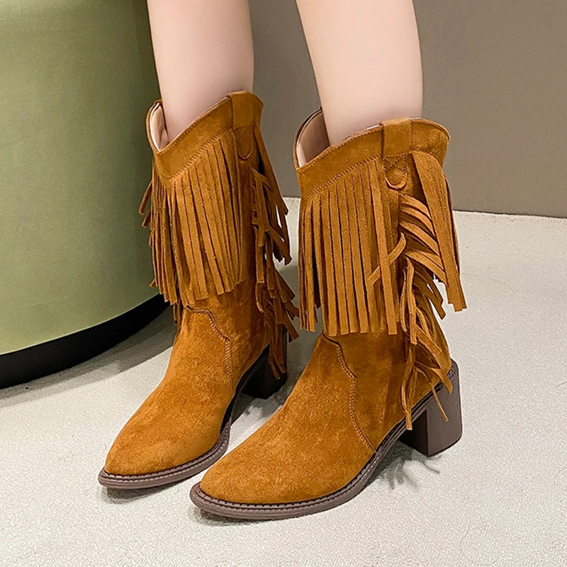 

High Heels Women Ankle Boots Suede Fashion Chunky Shoes Fringes Winter Luxury Pumps 2025 Designer Dress New Mujer Western Botas
