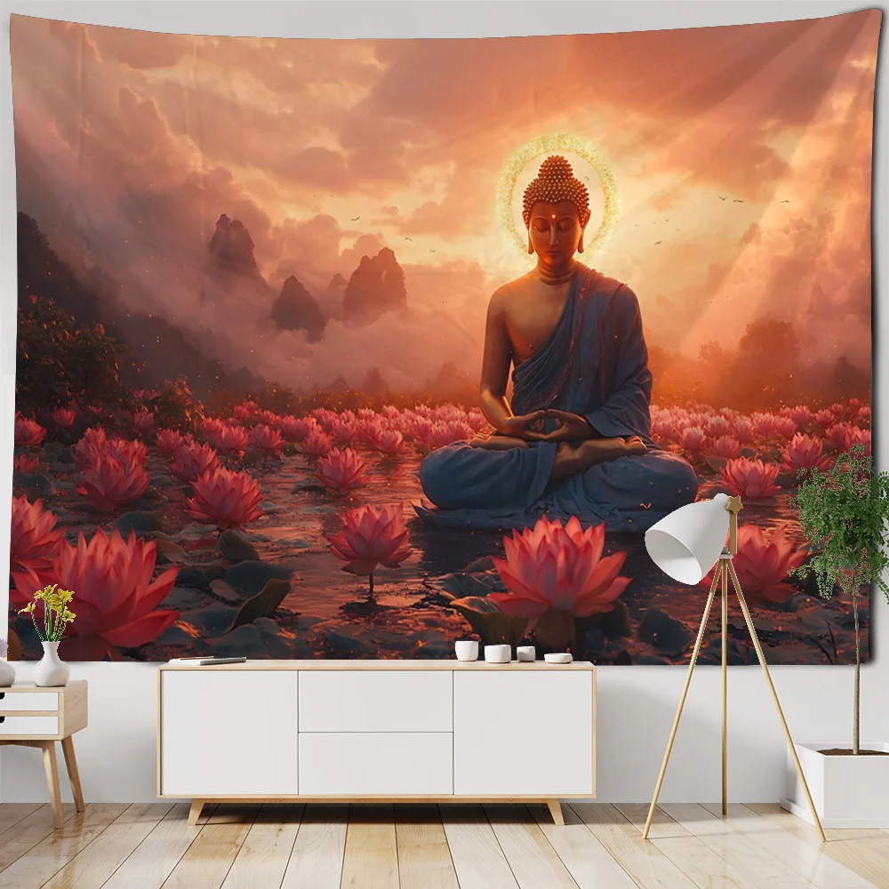 

Buddha statue tapestry wall hanging meditation lotus bohemian style home decoration hippie wall background hanging cloth