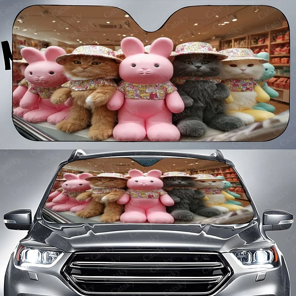 Adorable Cats And Bunnies In Hats | Perfect For Car Sunshade, Adding Charm And Fun To Your Ride, Made Of Polyamide, Universally