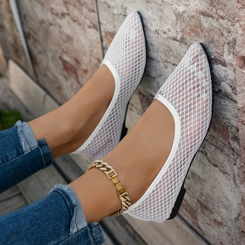 White Mesh Ballet Flats for Women Fishnet Pointed Toe Slip on Lightweight Flat Shoes Summer Outdoor Walking Comfy Casual Loafers