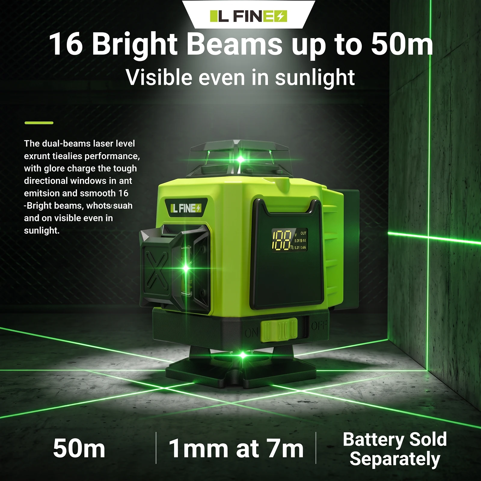 L FINE Professional 4D16 Line Green Laser Level Self-Adjusting Multi-Purpose Laser Spirit Level for Precision Measurement