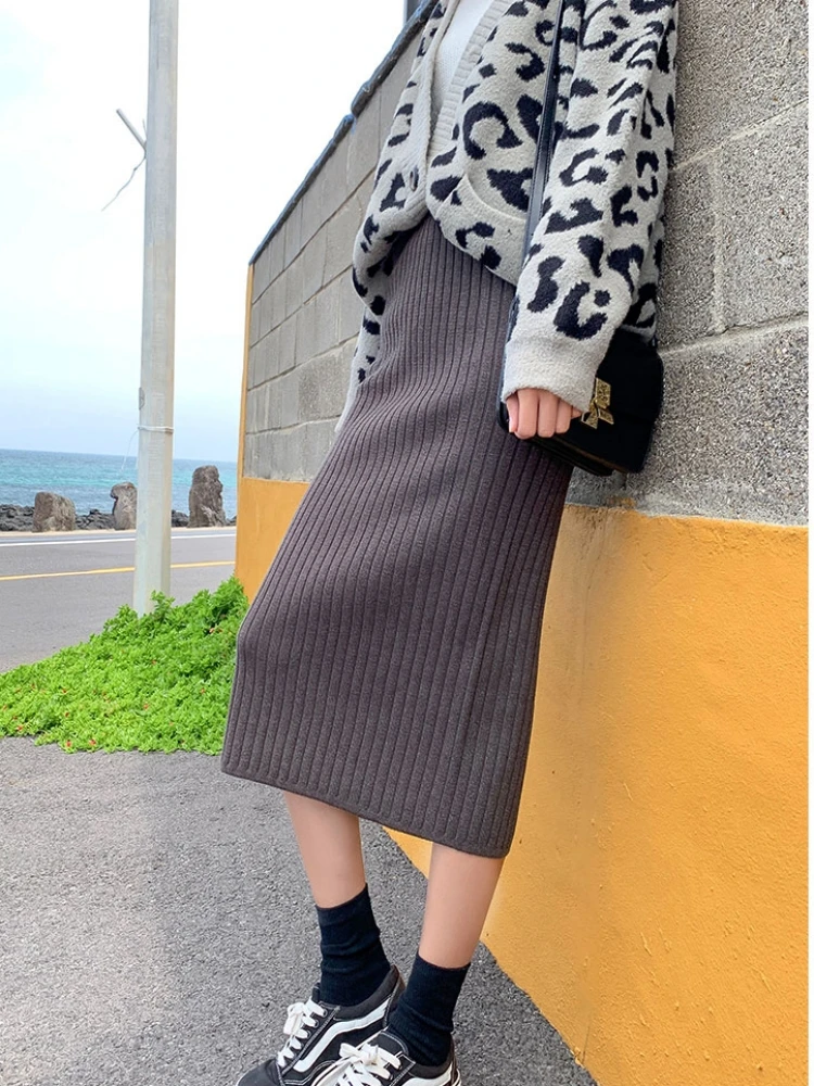 

2022 Autumn Winter Knitting Skirt High Waist Long Pencil Skirt Women Knitted Casual Vintage Maxi Skirt Vintage Warm Thick Midi