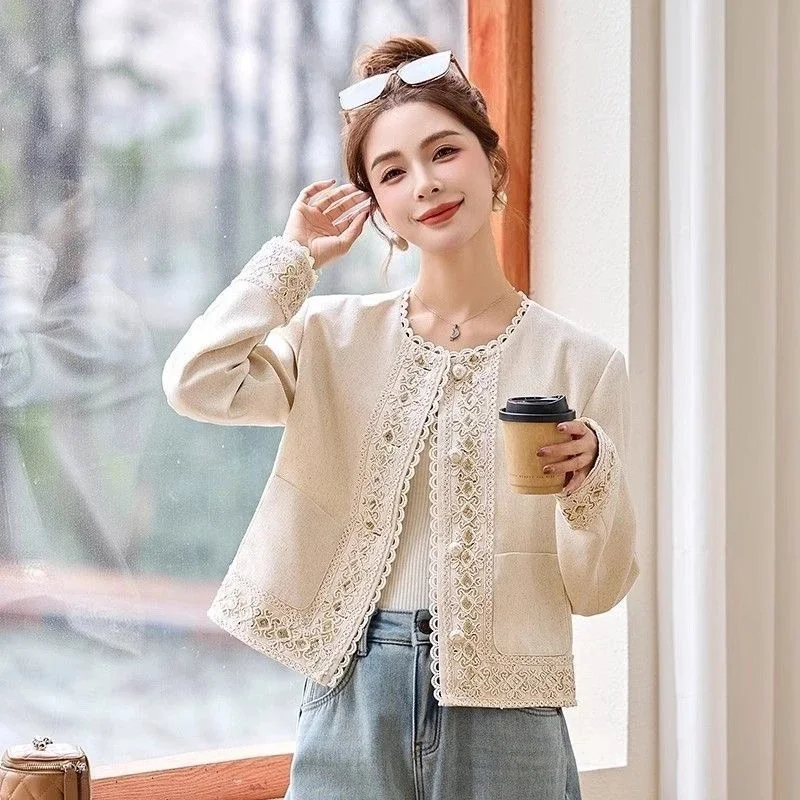 2026 Spring Autumn Jacket Women Coats Small Fragrant Style Embroidered Lace Coat New Fashion Single Breasted Temperament Top