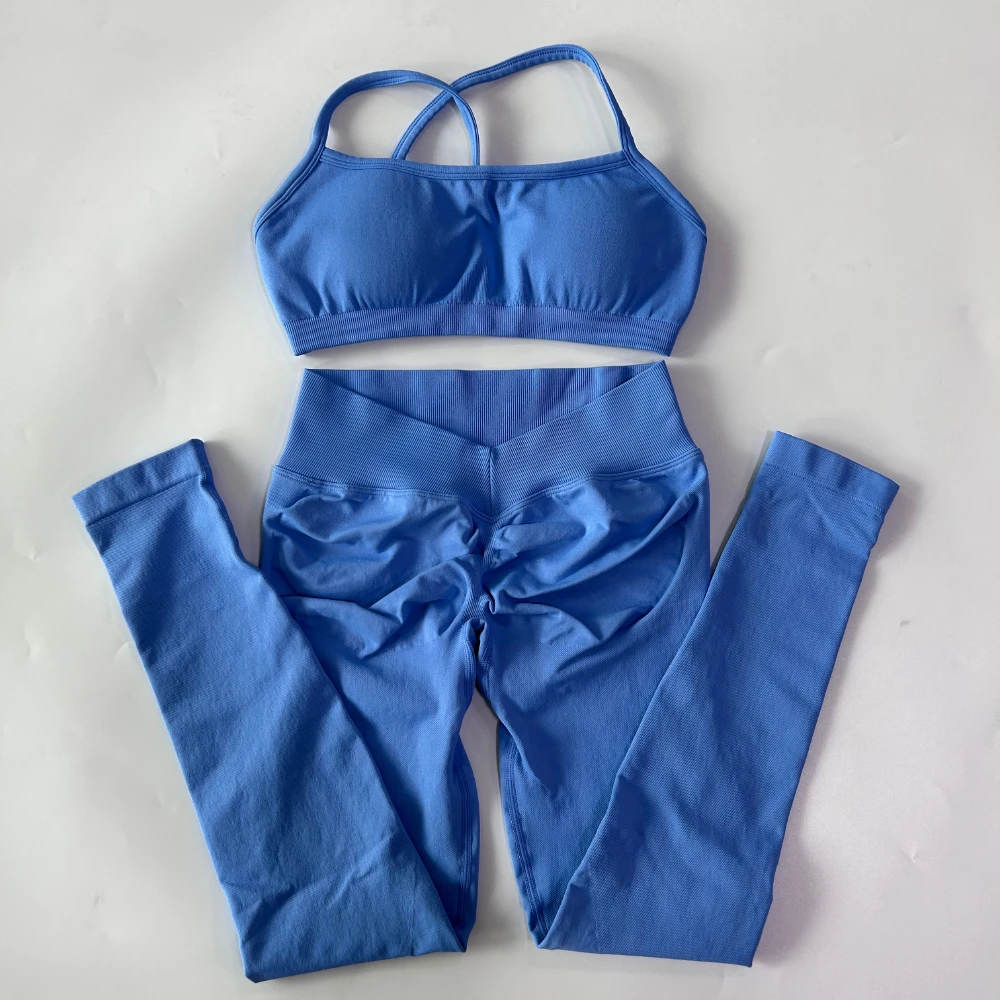 2-teiliges Gym-Set für Damen, Nahtlose Scrunch-Yoga-Leggings, Rückenfreier Sport-BH, Fitness-Workout-Top, Yoga-Set-Outfits – Detail 9