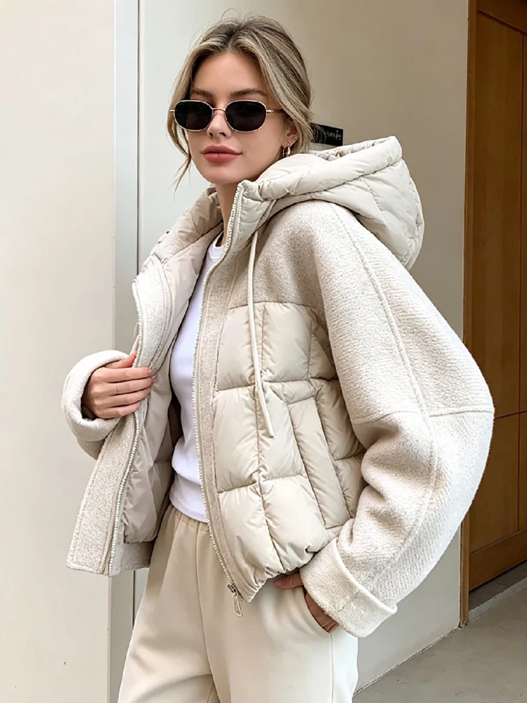Women Mixed Fabric Spliced Puffer Jacket Hooded Drawstring Zip Up Long Sleeve Quilted Warm Cropped 2026 New Ladies Outerwear