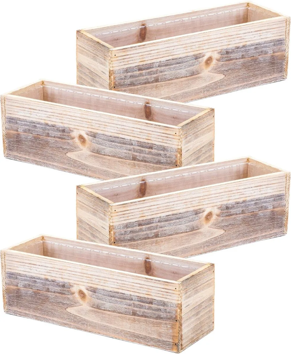 

Wood Planter Box Set, Rustic Whitewash, Plastic Liner, 12x4 Inch Rectangular Flower Holder, Natural Wood Decor
