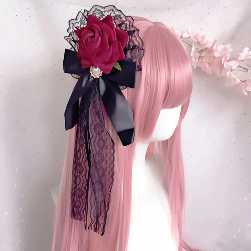 

Vintage Gothic Lace Rose Hairpin Lace Handmade Bowknot Hair Clip Flower Balls Hair Decor Headwear Maid