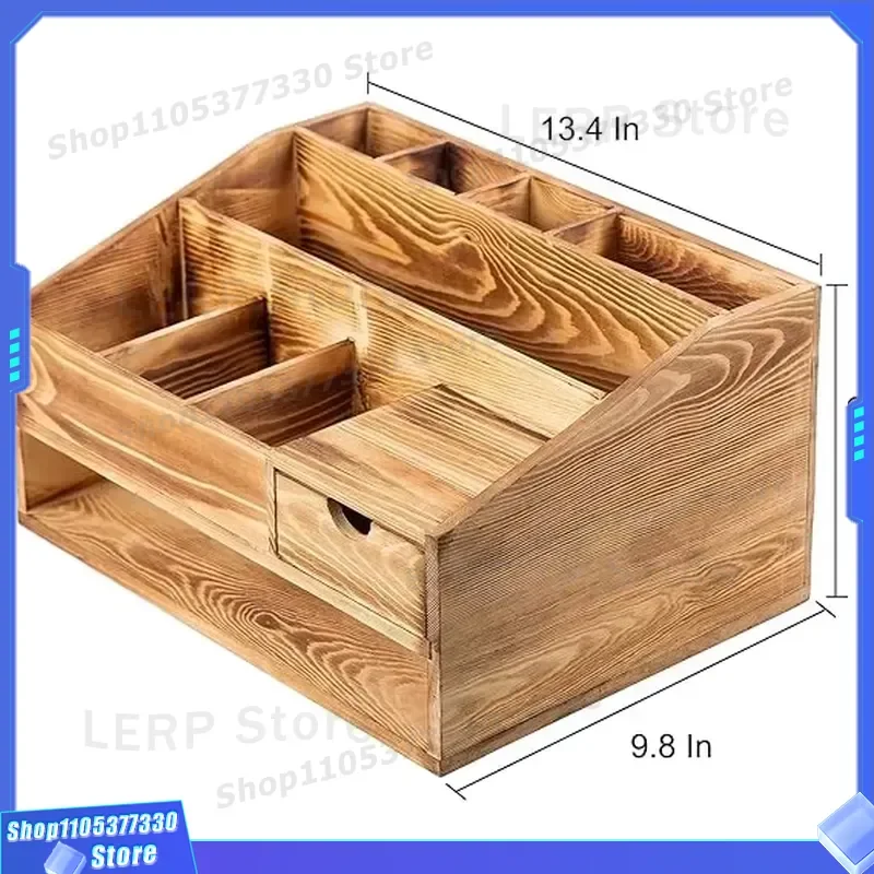 Wooden Desk Organizer Box with Pen Holder for Office Supplies Storage Calculator Scissors Sticky Notes Desktop Tidy Home