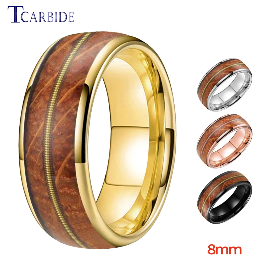 

8mm Men Women Tungsten Carbide Ring Whisky Barrel Oak Wood Guitar String Inlay Bride Bridegroom Trendy Wedding Band