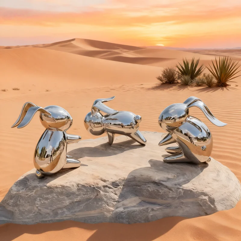 Metal Mirror Surface Rabbit Sculpture - Indoor Outdoor Decor for Lawn Garden Park Villa Shop Living Room Corridor Hotel Store