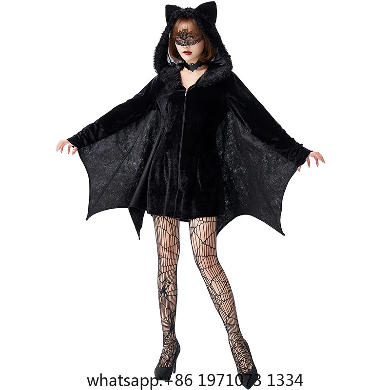 Halloween Devil Costume Wicked Bat Dress Gothic Carnival Women Joker Bat Hood Bodysuit Gothic Outfit Wings Romper Adult Black