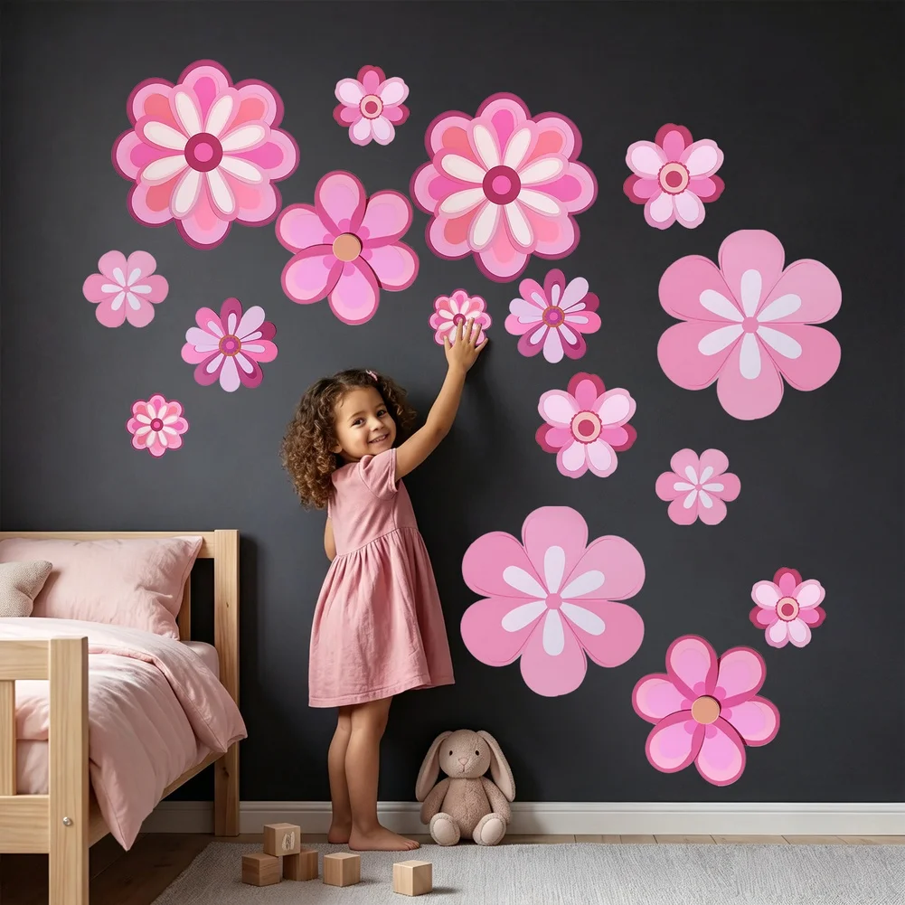 For Sweet Room Decor 2.76in To 8.66in Pink Flower Wall Decals for versatile Room Decor Ideas Easy Repositioning Sturdy