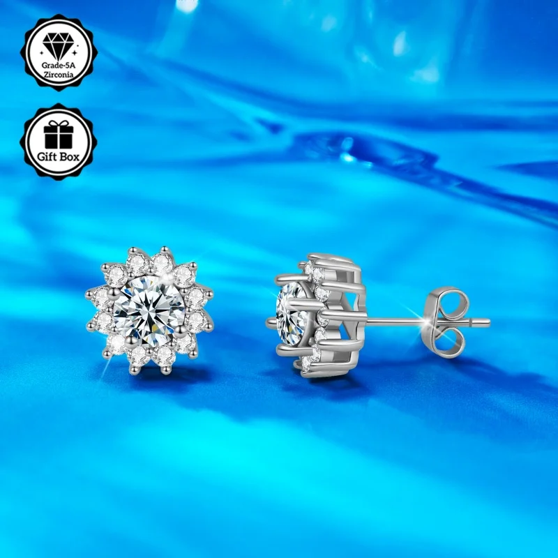 LAMVOICE Schmuck für Damen/Ohrstecker mit 1 Karat Zirkonia, hypoallergene Ohrringe, Weihnachtsgeschenk, blumenförmige Ohrringe