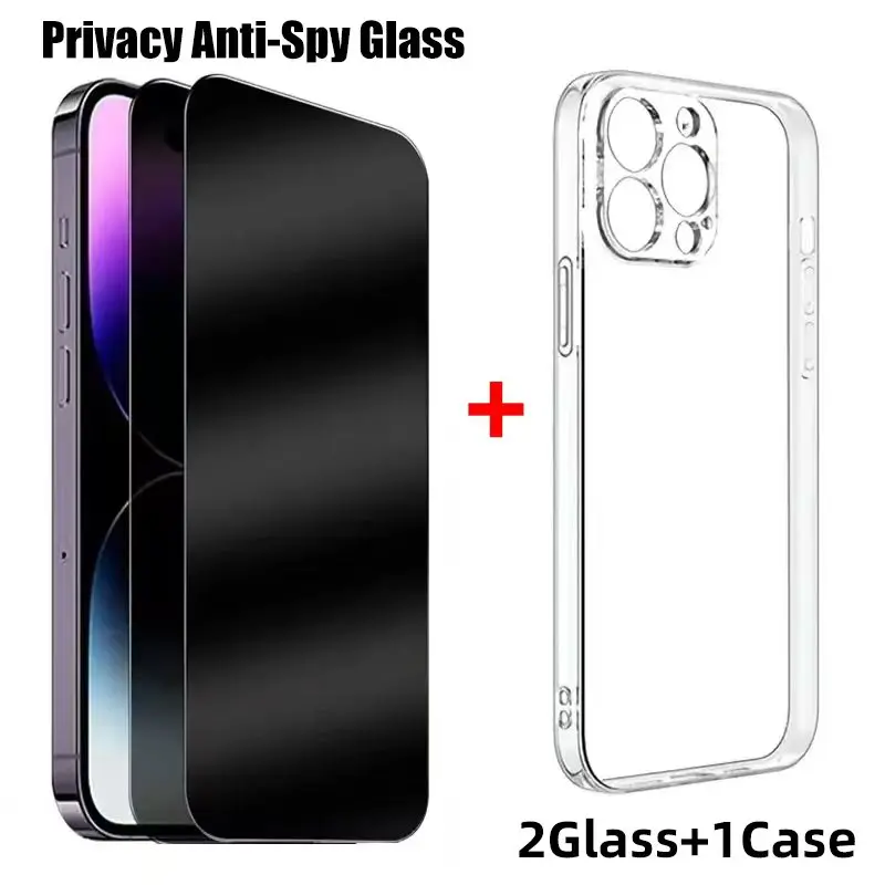 2PCS Anti-Spy Tempered Glass And 1Pcs Phone Case Set Meal For iPhone 16 15 13 14 12 11 Pro Max Screen Protector Protective Film