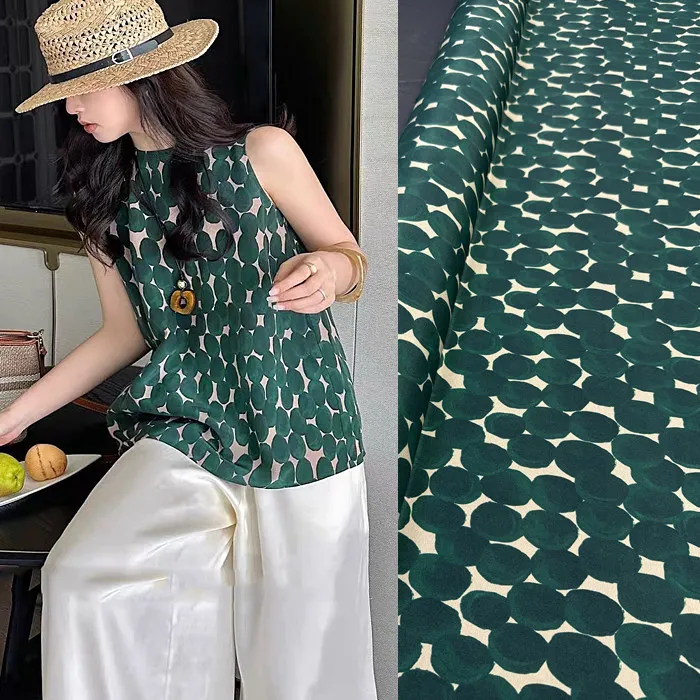 Dark Green Geometry Print Silk Stretch Crepe De Chine Fabric Mulberry Silk Material For Dresses