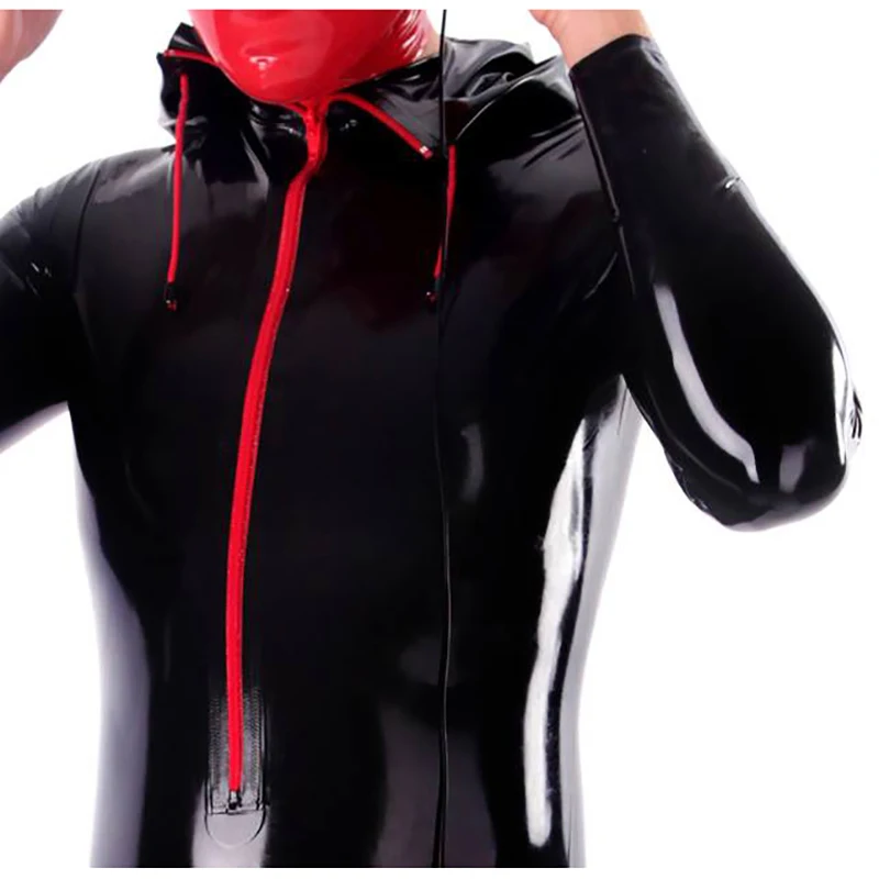Black Sexy Tight Latex Jumpsuits Hoodies Front Zipper Pouch Rubber Catsuit Jogging Suit Zentai Overall Tracksuit Jumper 380 view 2