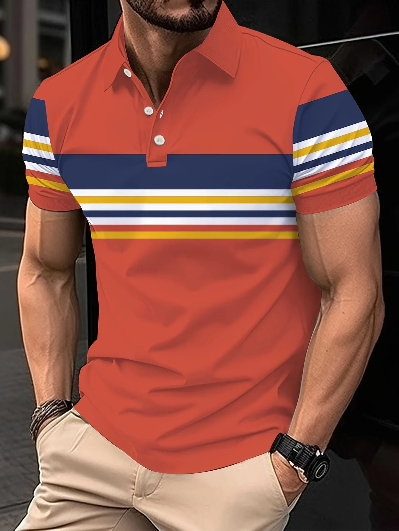 2026 Summer New Style Men's Short-Sleeved Polo Shirt with 3D Stripes Pattern Print - Street Casual Fashion Style