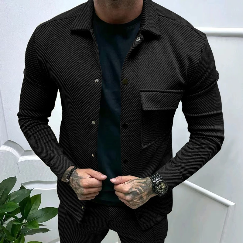 Autumn casual men\'s heavyweight twill lapel long sleeved top with single breasted solid color slim fit jacket