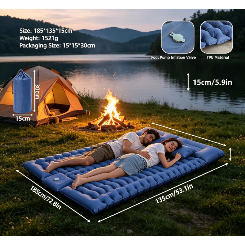 Doppel-Luftmatratze für Paare und Freunde, TPU-Campingmatte, Bodenmatte für Outdoor, Superelastische Verbundmatte in Grün und Blau