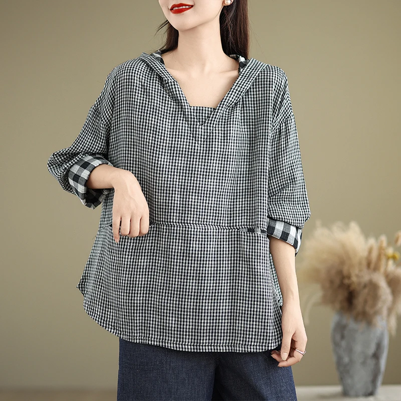 Loose Fit Plaid Cotton Linen Artistic irt Damen Plus Size T-Shirt Schlankheitsoberteil Doppellagige Baumwolle Tead Long Sve