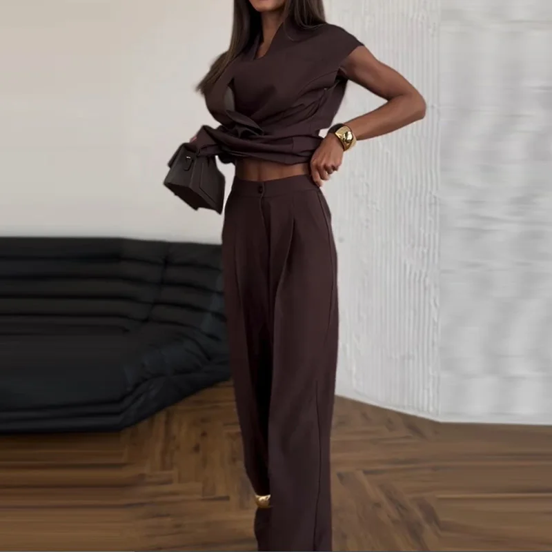 

Элегантный двубортный пиджак и комплект с длинными брюками, женская мода, однотонные прямые наряды, весенне-осенний жилет без рукавов, костюмы из 2 предметов