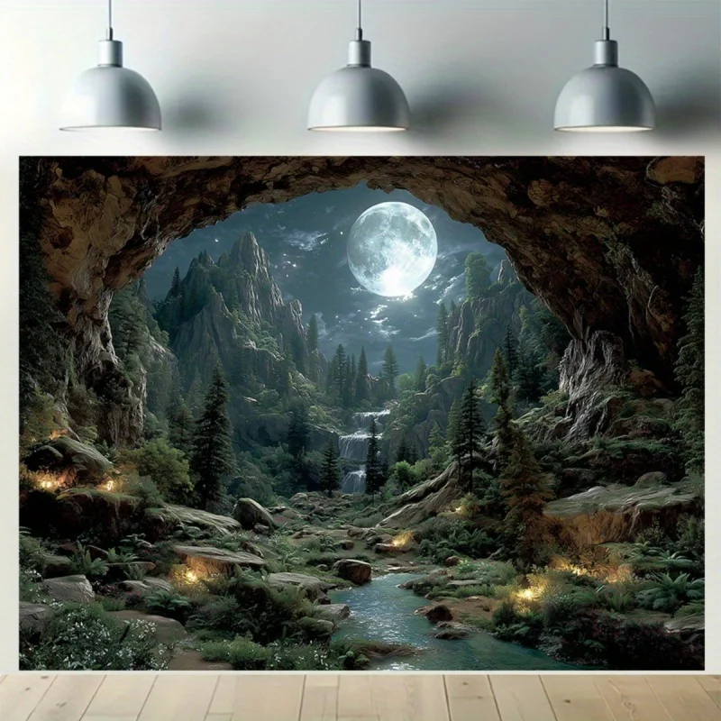 Cave Rock Waterfall Moon Landscape Tapestry Bedroom, Living Room, Party Decoration Polyester Fiber Wall Hanging