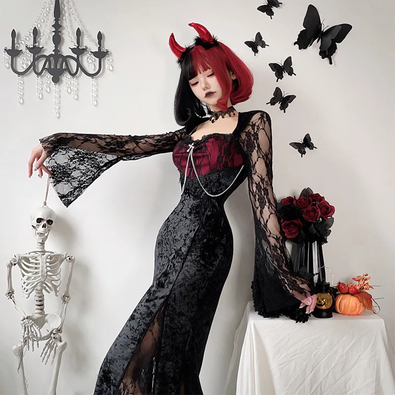 Gothic Dark Halloween Costume Black Dress Witch Long Skirt Vampire Bride Outfit Cross-Border European And American Style