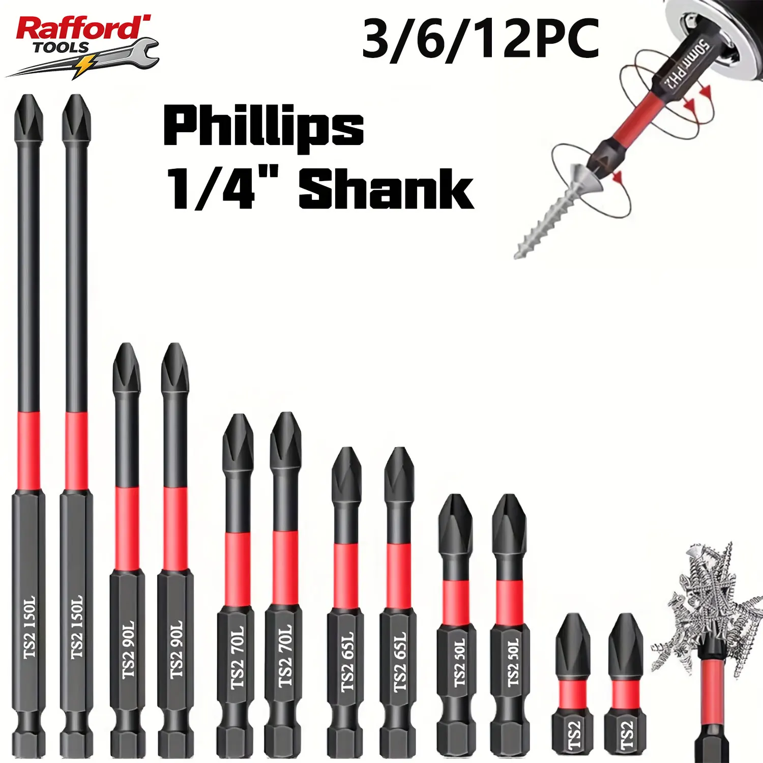 Juego de puntas de destornillador de impacto magnéticas Rafford, 3/6/12 piezas, acero S2 de alto torque, 1/4 ", Phillips PH2 para taladros eléctricos y manuales