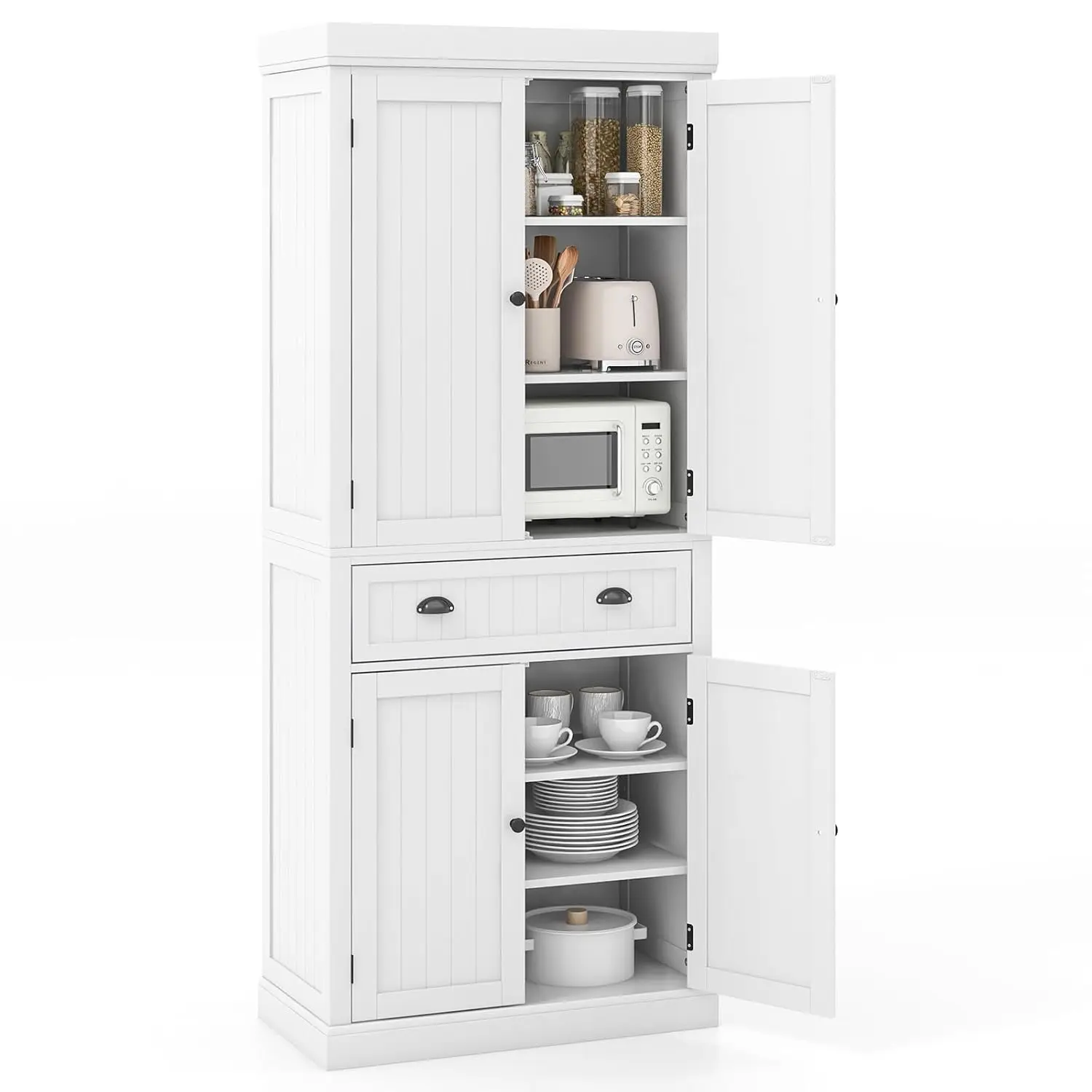 

72" H Kitchen Pantry Cupboard Cabinet, Traditional Freestanding Large Tall Storage Cabinet with 2 Cabinets and Drawer, Adjustabl